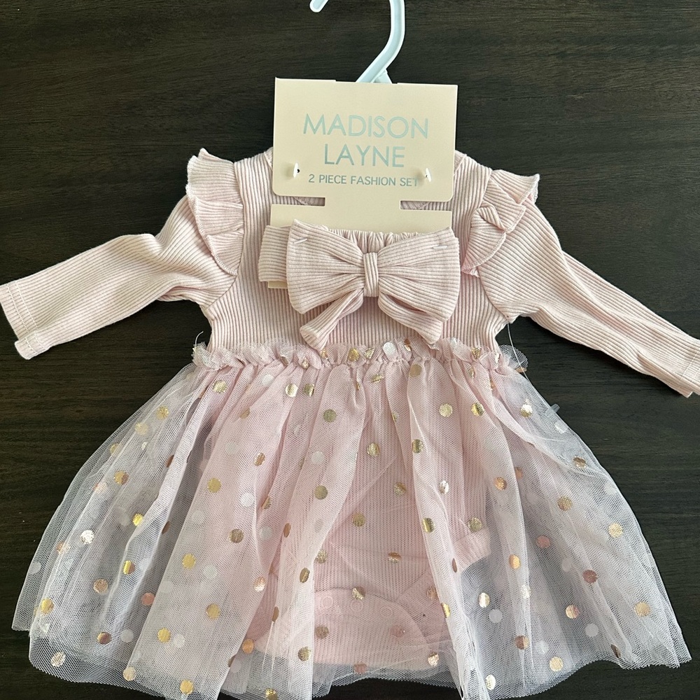 Madison Layne Pink Bow & Gold Dot Tulle Baby Dress Set